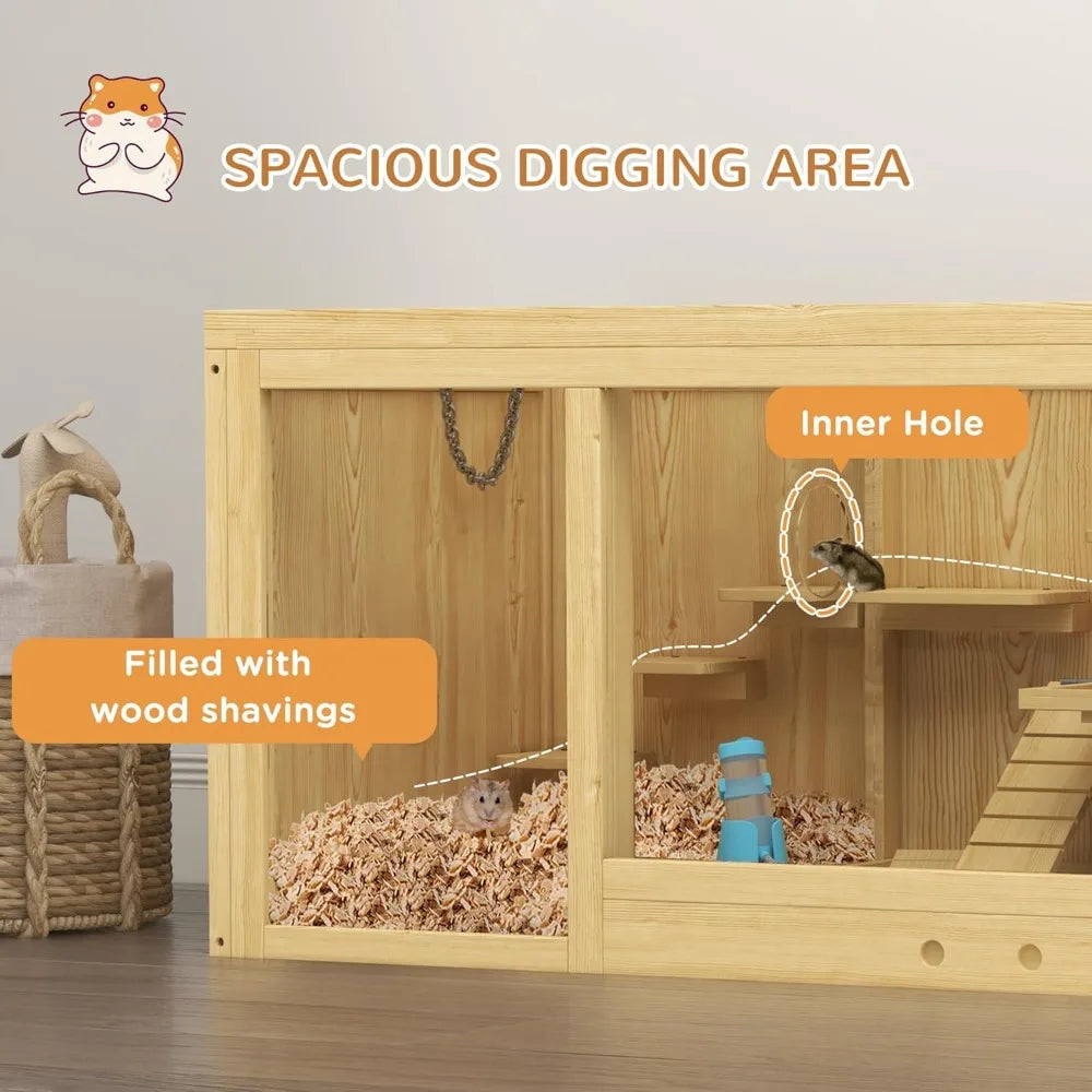 Wooden Hamster Cage Extra Large Gerbil Cage Multi Layer Small Animal Cage for Dwarf Hamster Activity Center with Pull Out Tray