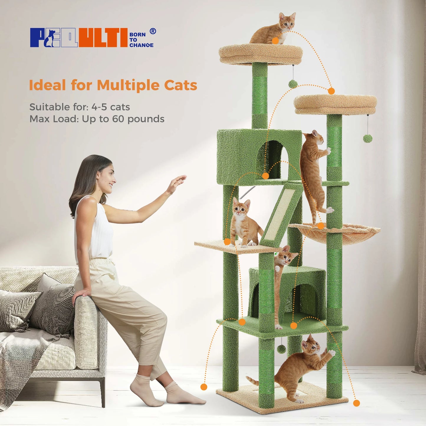 Deluxe 180cm Cat Tree With Plush Condo 6 Scratching Posts