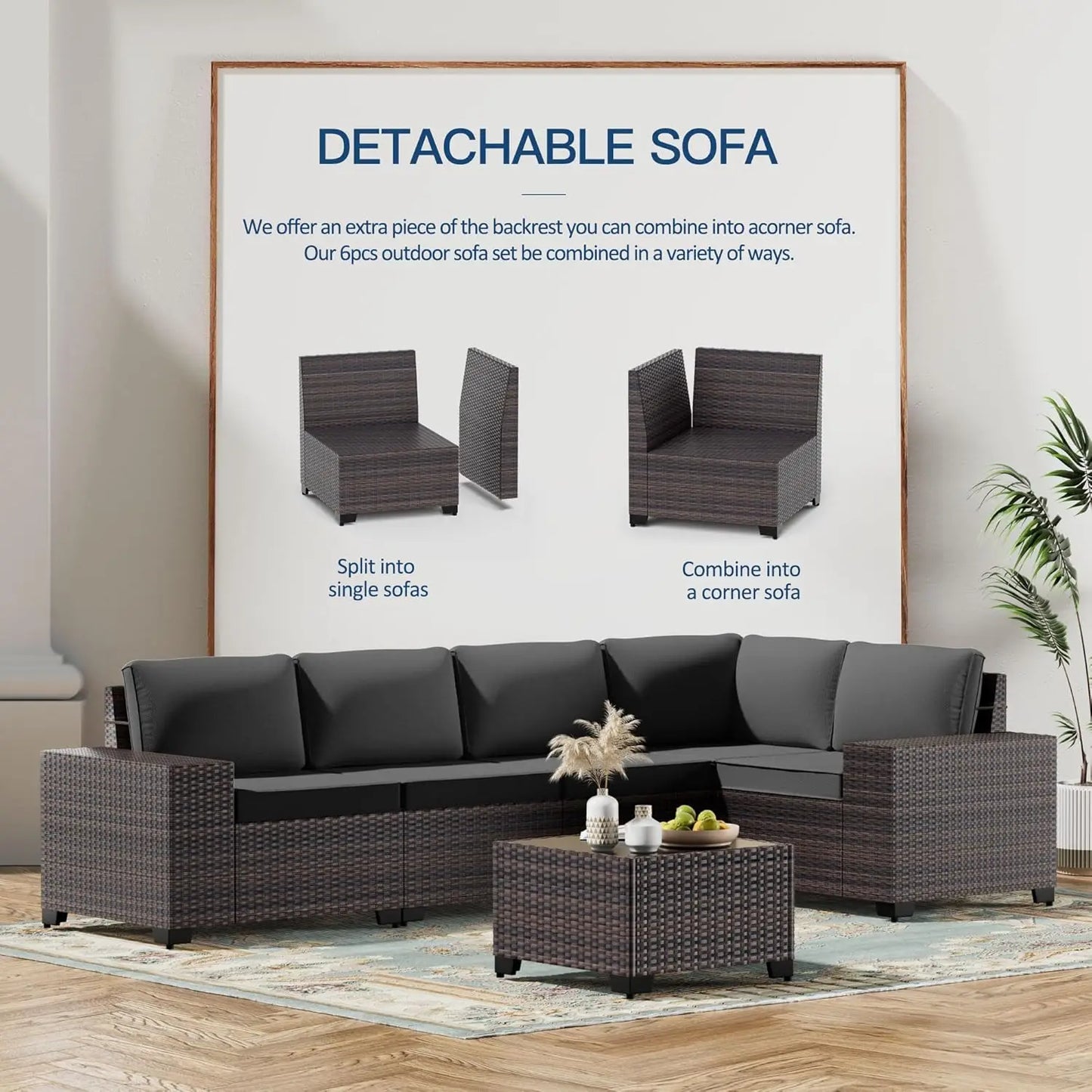 7-piece outdoor patio furniture set with 43" gas propane fire pit table, wicker rattan sectional sofa for conversation