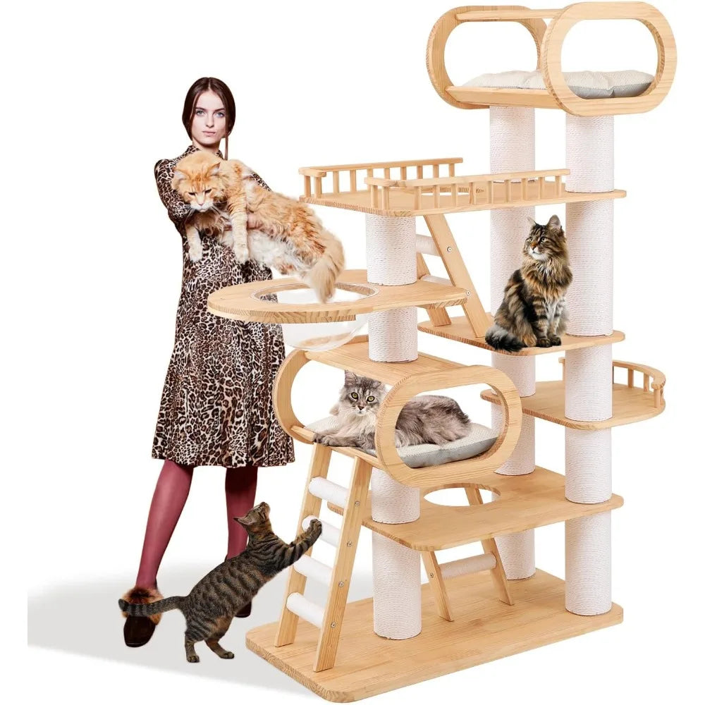 76.8'' Tall Modern Large Cat Tree,Multi-Level Wood Cat Tower for Indoor Cats Large Adults,Luxury Heavy Duty Cat Condo with Cushi