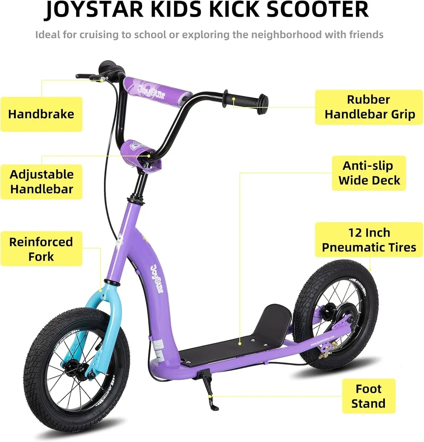Adjustable Kids Scooter with 12" Inflatable Wheels and Rear Brakes for Ages 5+