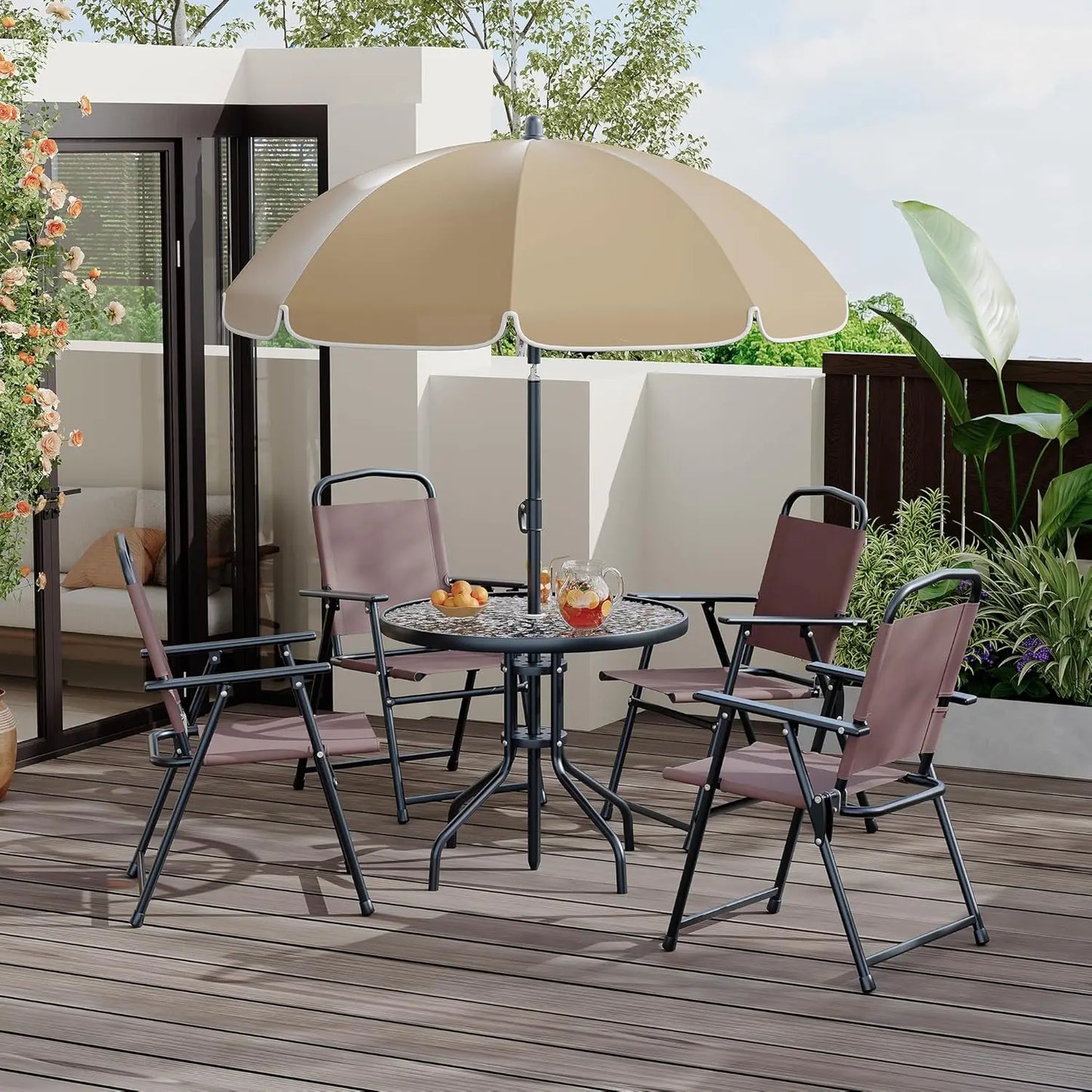 6 Piece Patio Dining Set For 4 With Umbrella Round Table