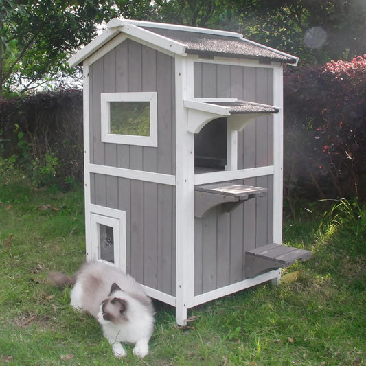 Cat House for Outdoor & Indoor Wooden Waterproof Cat Condo Cat Outdoor Enclosure with Escape Door,2 Story Kitty House