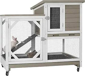 Rabbit Hutch Indoor Bunny Cage with Outdoor Run and Two Deep No Leak Trays on Casters