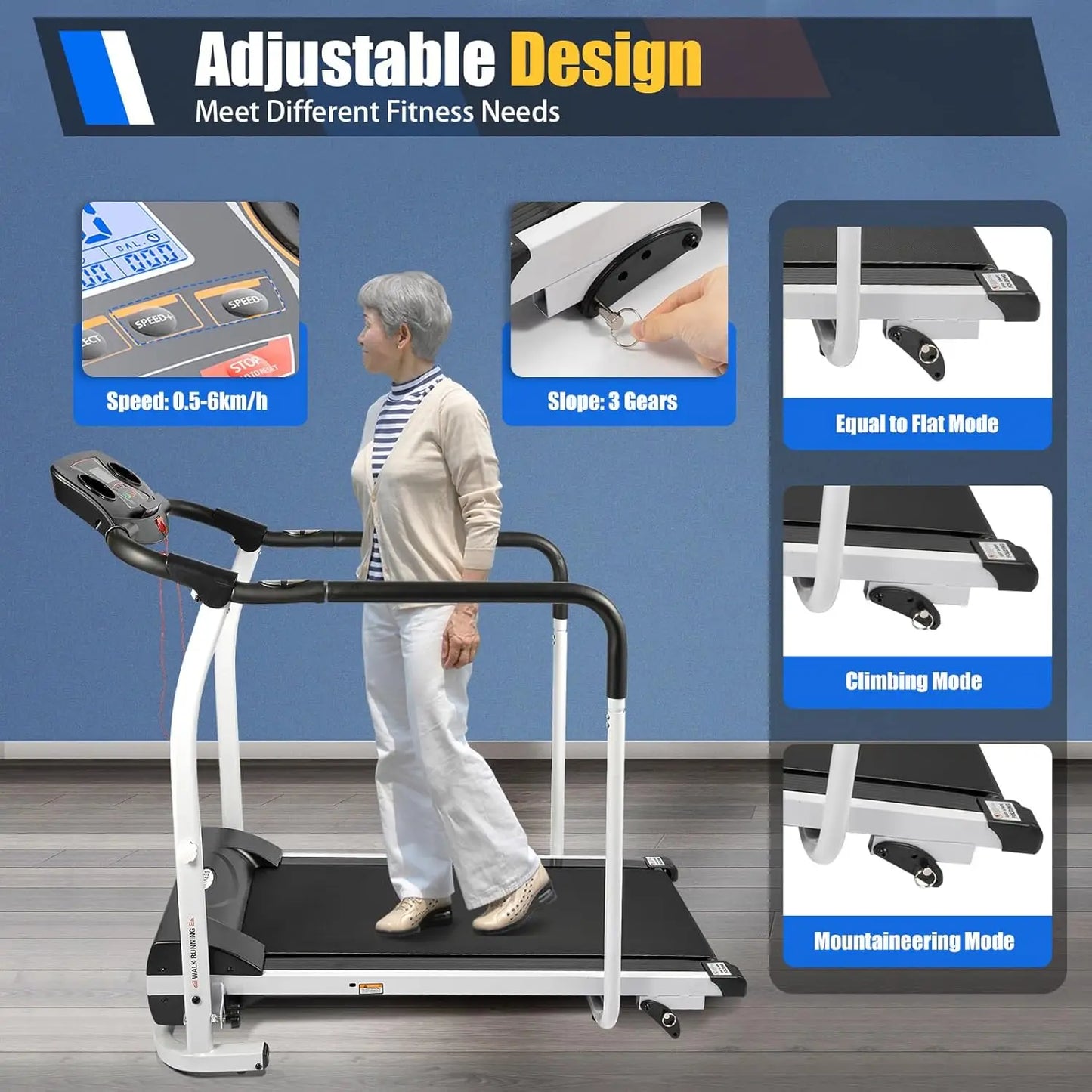 Walking Treadmill for Seniors Home Treadmill with Handrails and Heart Rate Sensor Low Impact Fitness Machine for Recovery