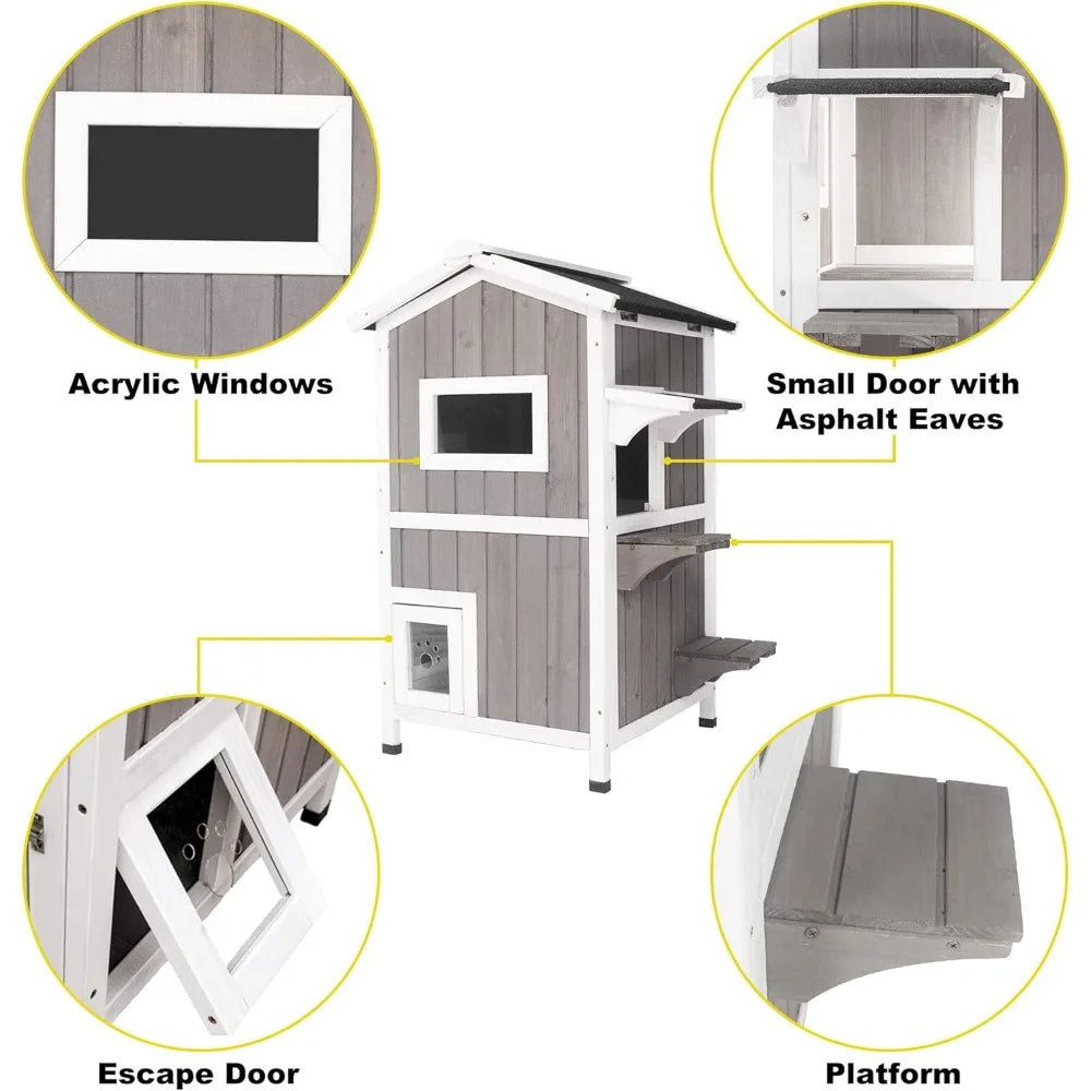 Cat House for Outdoor & Indoor Wooden Waterproof Cat Condo Cat Outdoor Enclosure with Escape Door,2 Story Kitty House