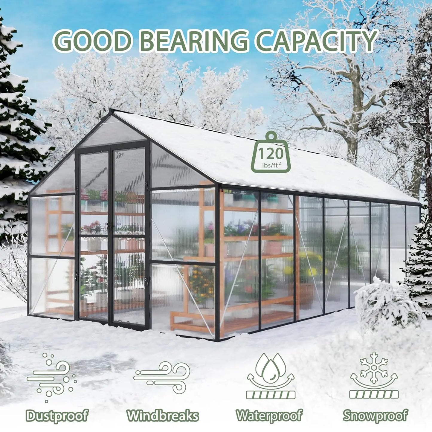 Heavy-Duty Greenhouse With Aluminum Frame Lockable Door And Polycarbonate Panels
