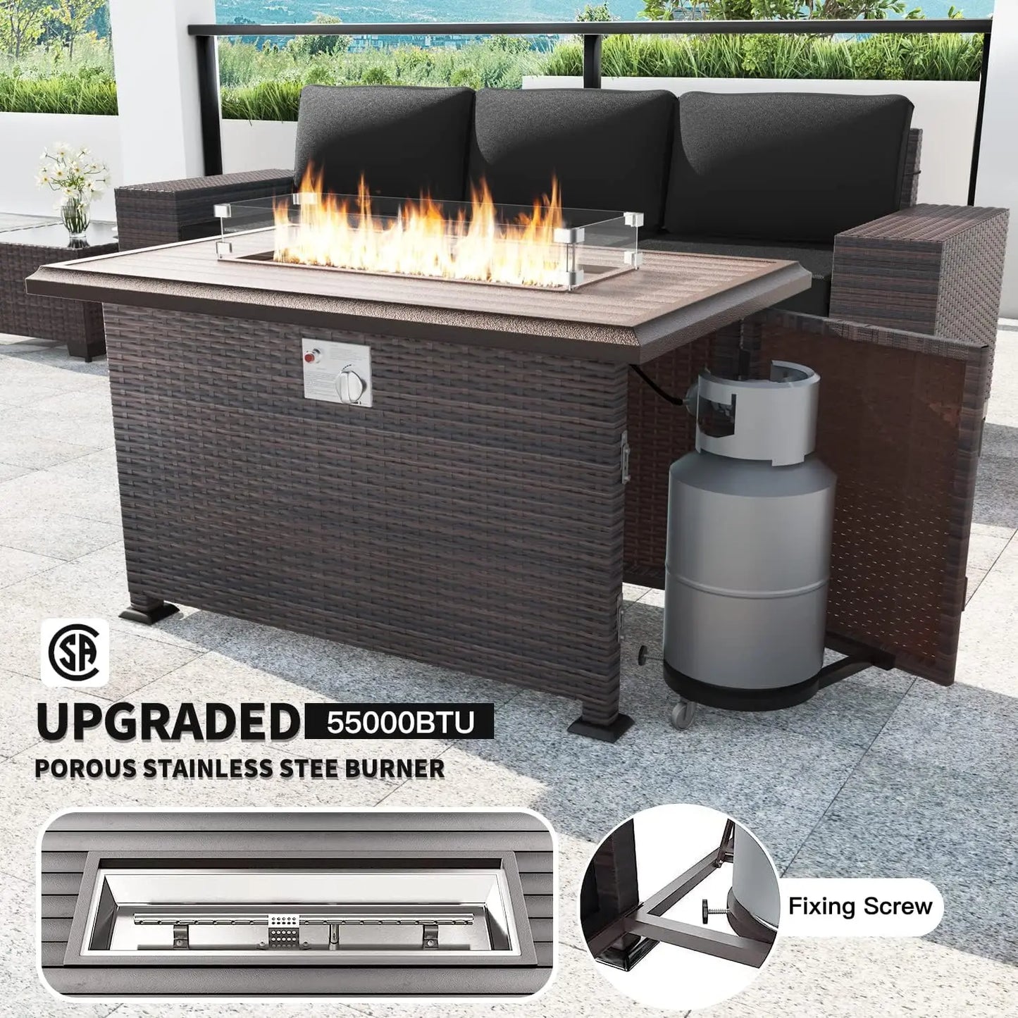 7-piece outdoor patio furniture set with 43" gas propane fire pit table, wicker rattan sectional sofa for conversation