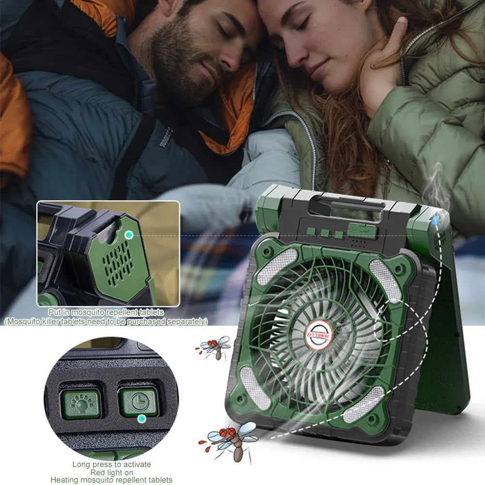 Solar Outdoor Camping Fan With LED Light 5200mAh IPX4