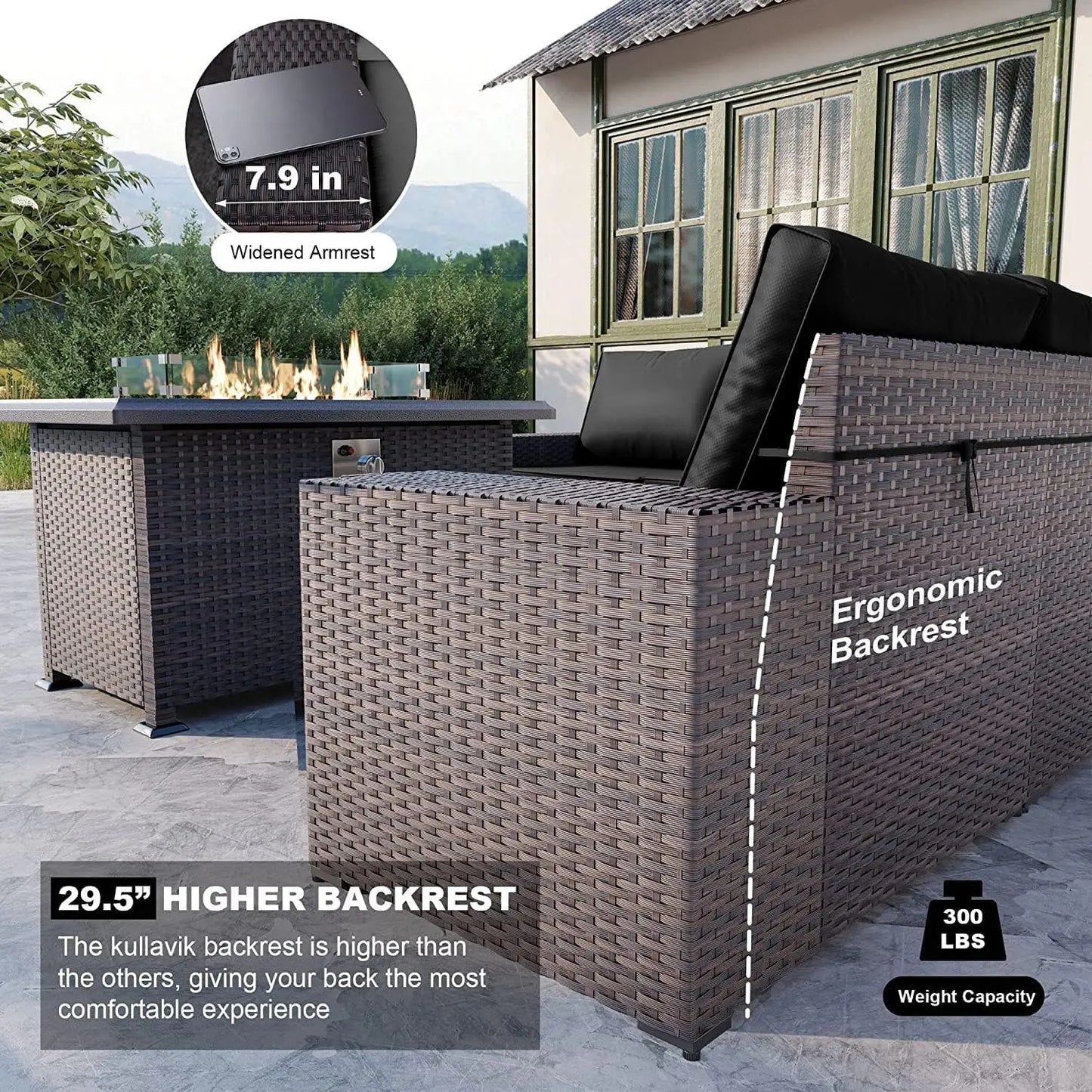 7-piece outdoor patio furniture set with 43" gas propane fire pit table, wicker rattan sectional sofa for conversation