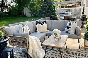 4 Pieces Patio Furniture Set, Outdoor Wicker Woven Conversation Sectional L-Shaped Sofa with 5 Seater for Backyard, Porch, Boho
