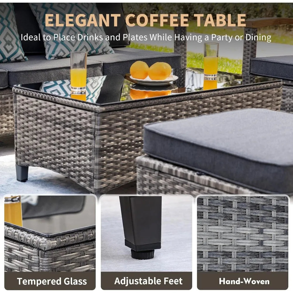 ANGDUO 7 Piece Patio Wicker Conversation Set With Wood Armrests