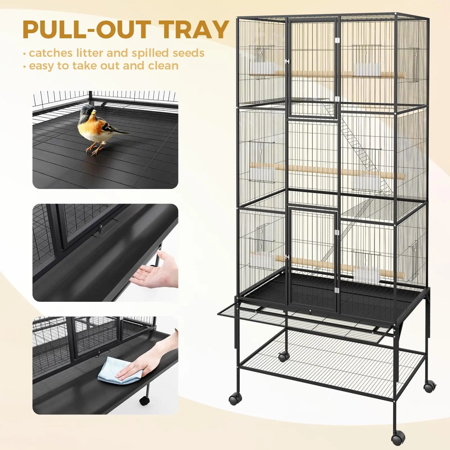 HiMISS Parrot Cage With Rolling Wheels Detachable Stand Tray