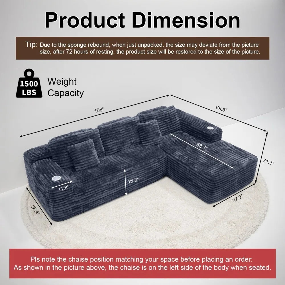 ANGDUO Cloud Sectional Sofa With L Shape Chaise Built In Cup Holder Storage