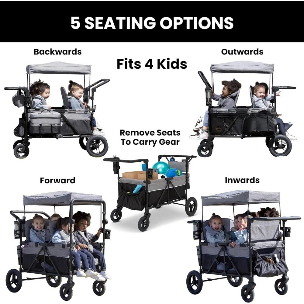 NEW Grey,Deluxe 4 Seater Stroller Wagon for 4 Kids w/Convertible Seats,Adjustable Push/Pull Handles,Removable Canopy&Flat Fold