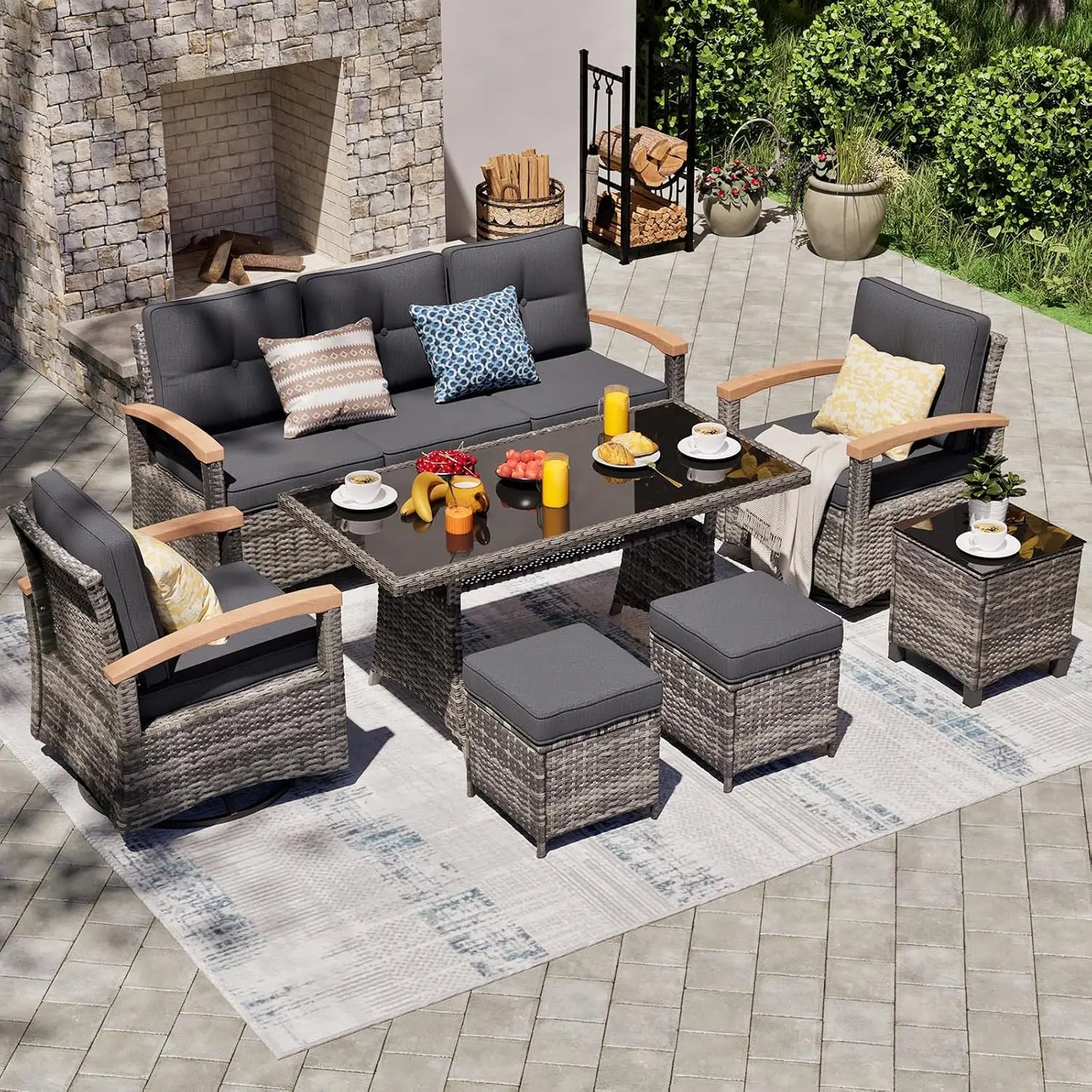 ANGDUO 7 Piece Patio Wicker Conversation Set With Wood Armrests