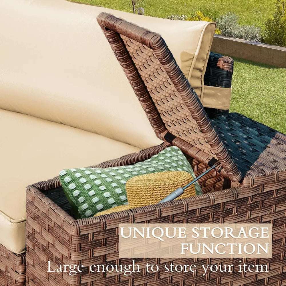 7 Piece Patio Set Half Moon Curved Wicker Storage Armrests