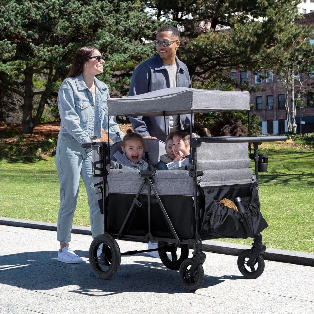 NEW Grey,Deluxe 4 Seater Stroller Wagon for 4 Kids w/Convertible Seats,Adjustable Push/Pull Handles,Removable Canopy&Flat Fold