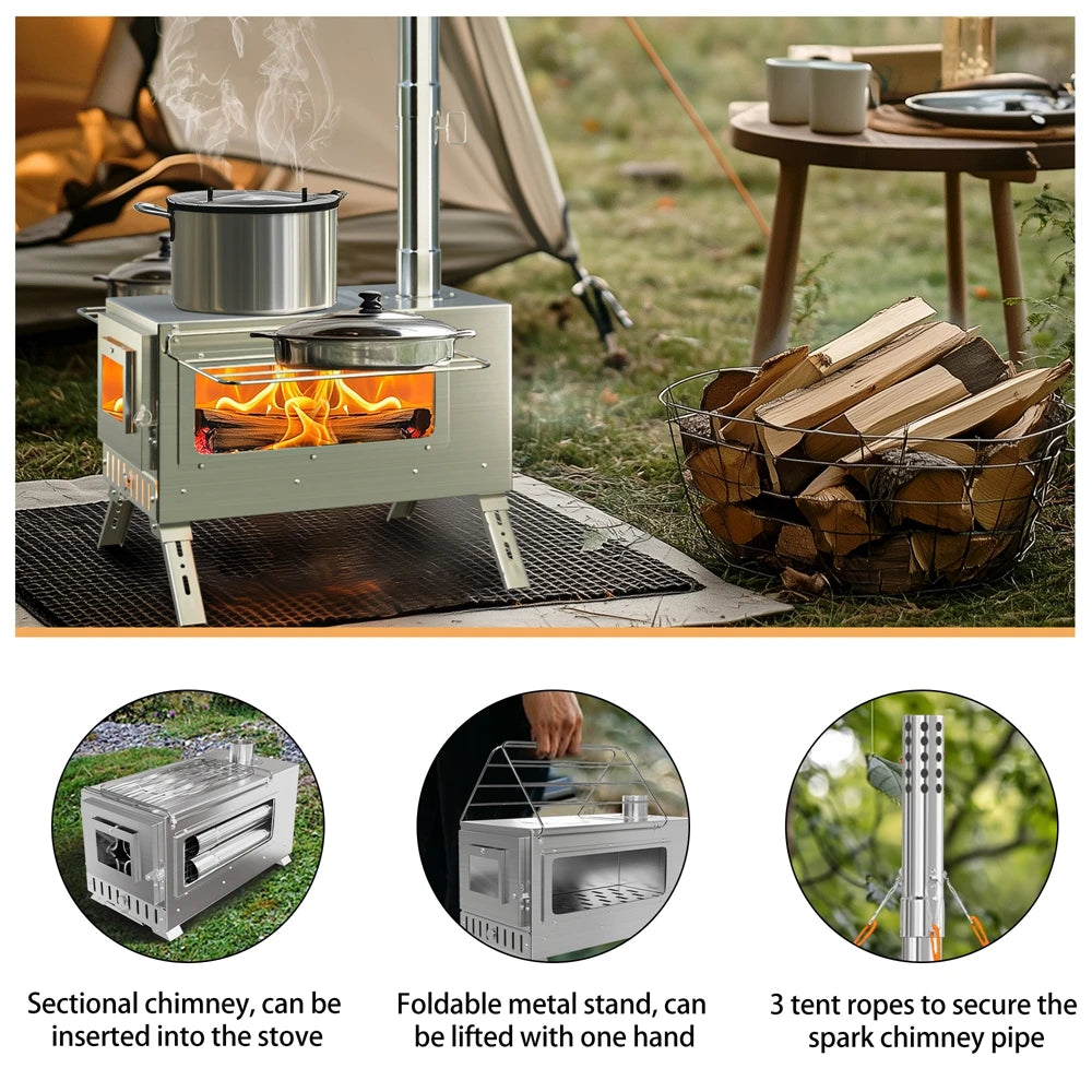 Feature Portable Wood Burning Stove Stainless Steel Outdoor Cooking Heater Log Burner 7 Chimney Pipes