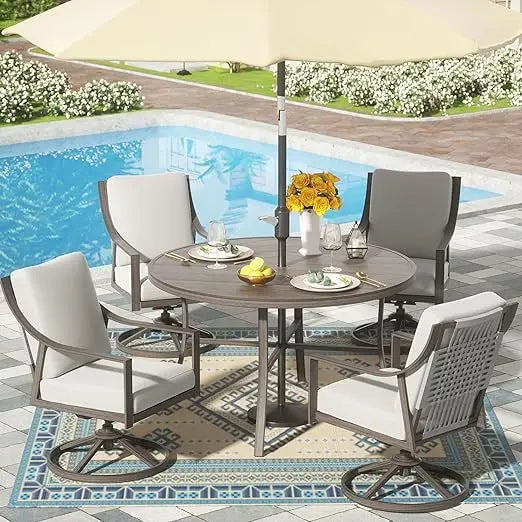 5-Piece Outdoor Patio Dining Set, 4pcs Patio Swivel Rocking Chairs and 38’’ Round Dining Table with 1.65’’ Umbrella Hole