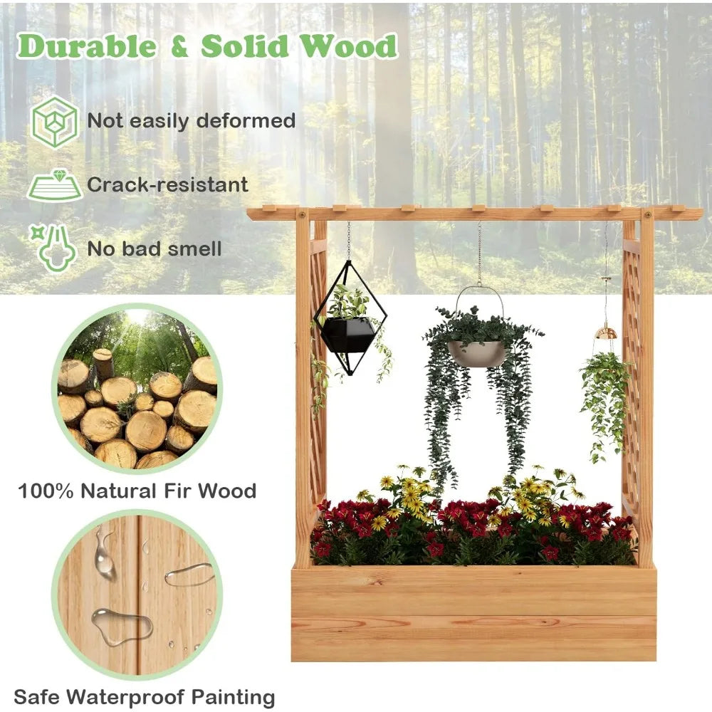 HAPPYGRILL Raised Garden Bed with Trellis, 2 Pack Freestanding Wood Planter Box w/Hanging Roof & 4 Drainage Holes for Vine Climb