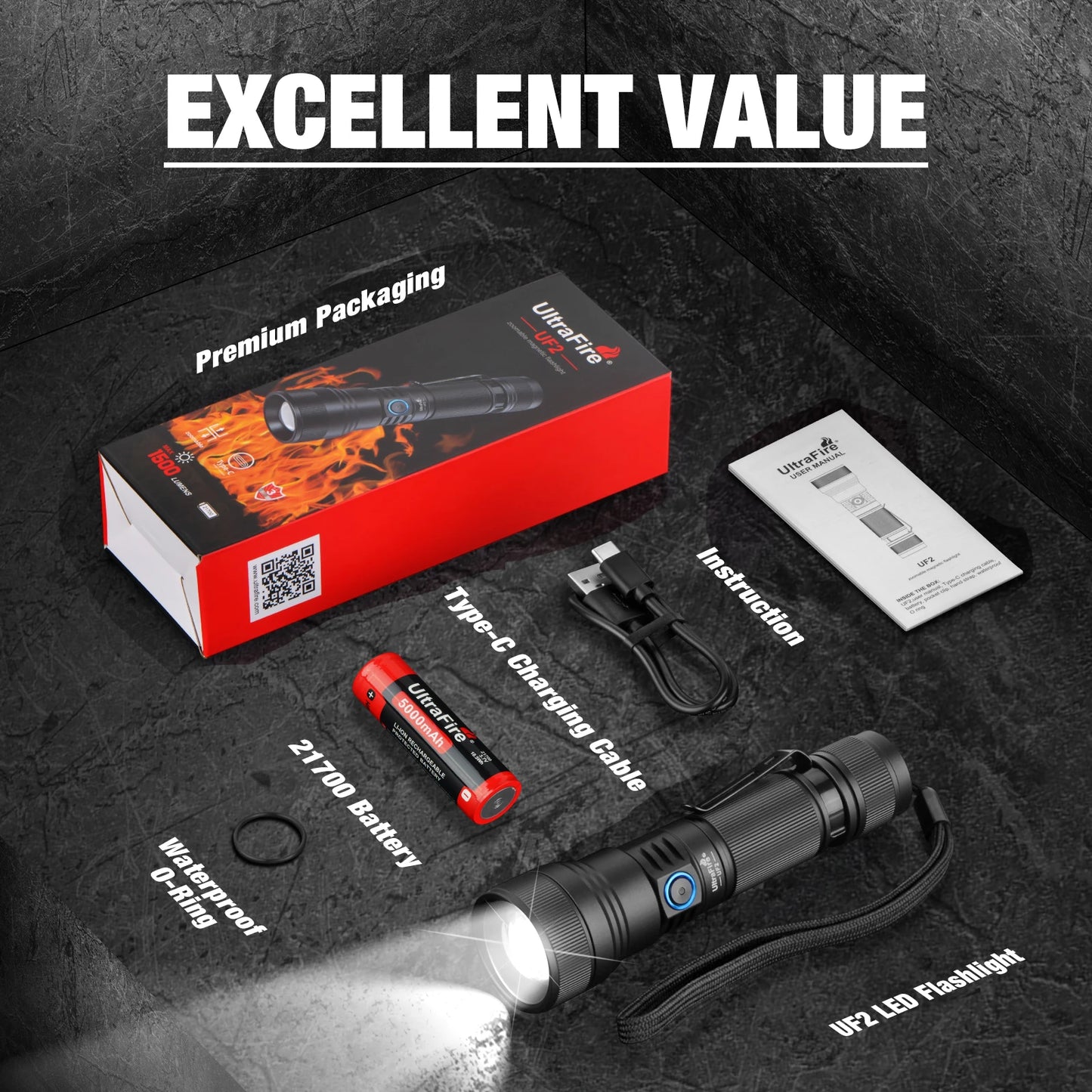 UltraFire UF2 21700 LED Flashlight 1500 Lumens 550M Zoomable Outdoor Lamp USB C Rechargeable Torch with Magnetic Tail for Hiking