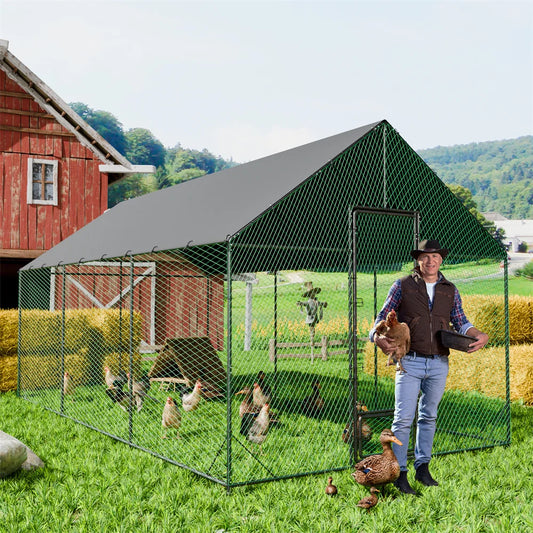 Heavy Duty Upgrade Outdoor Chicken Coop Large Metal Chicken Run Walkin Poultry Habitat Chicken Poultry Cage w/ Waterproof Cover