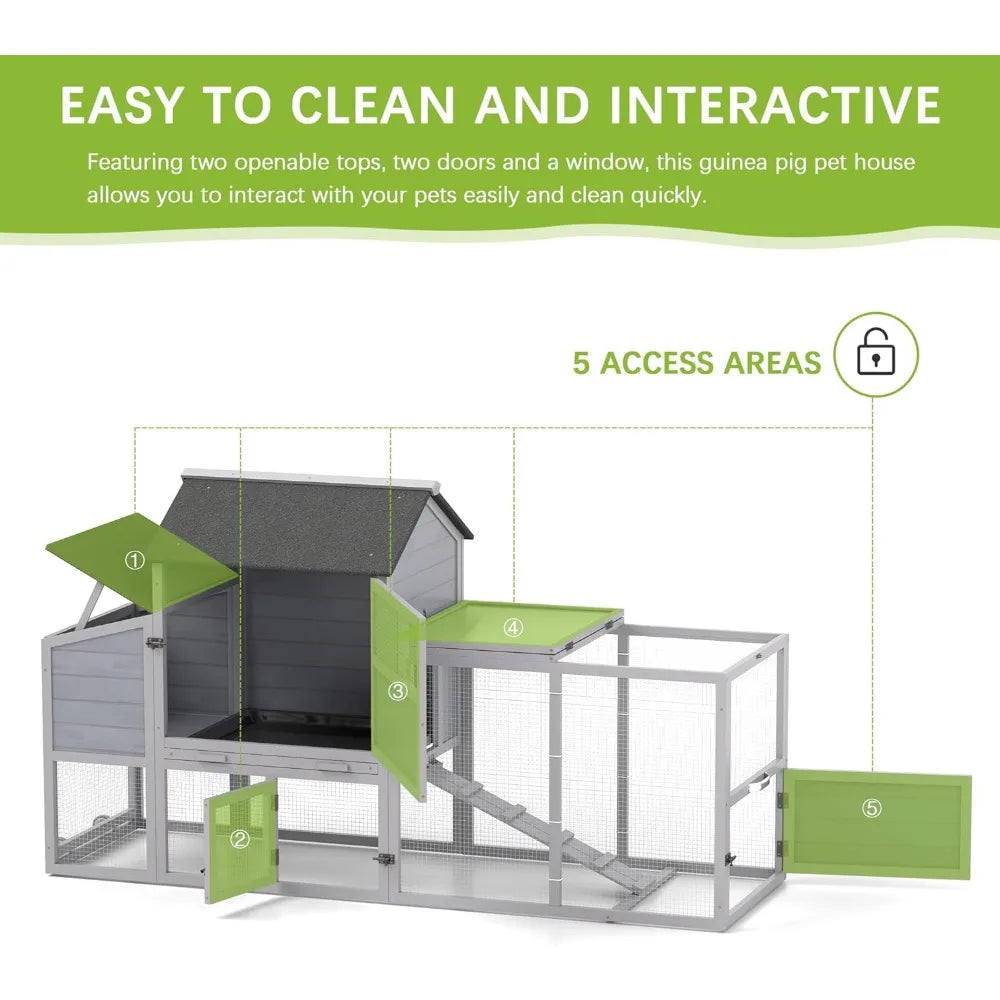 82" Large Wooden Chicken Coop, Outdoor Rabbit Hutch, Guinea Pig Pet House with Wheels, Sunshine Board, Asphalt Roof, Ramp, Open