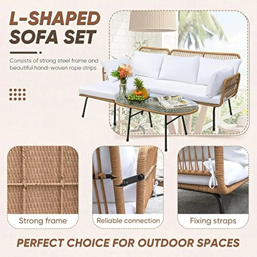 Outdoor Patio Furniture Set, Outdoor Sectional Conversation Rope Woven L-Shaped Sofa Set with Patio Table and Thick Cushions