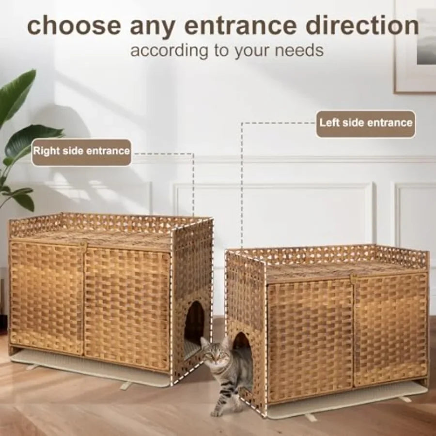 Hidden Cat Litter Box Enclosure Furniture with Modern Design for Indoor Living: Handwoven Rattan Pet House Featuring Removable