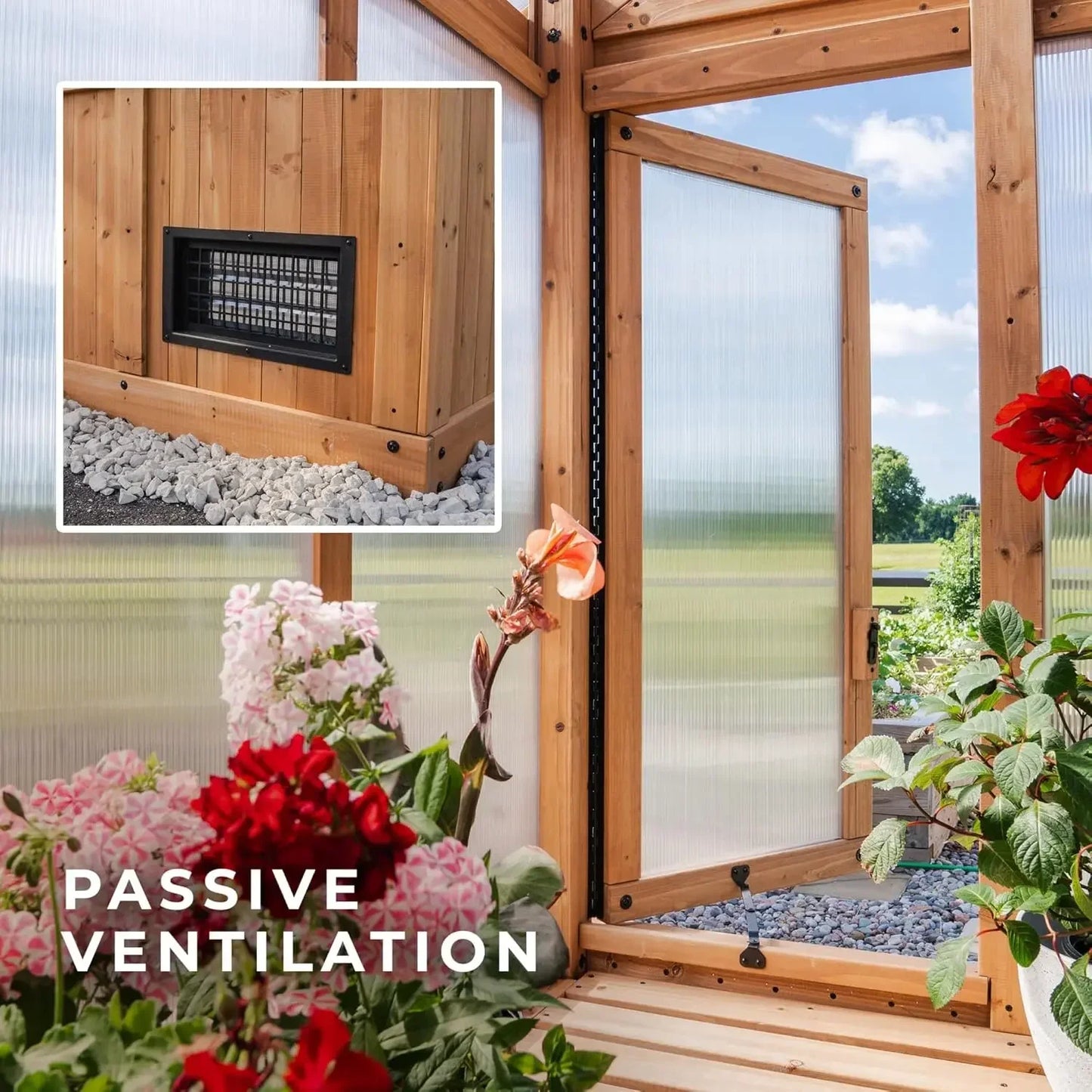 XL 13' x 11' Cedar Wood and Polycarbonate Walk-in Greenhouse Kit with Pergola, Exhaust Fan, Windows, Hose Hook-Ups, Po