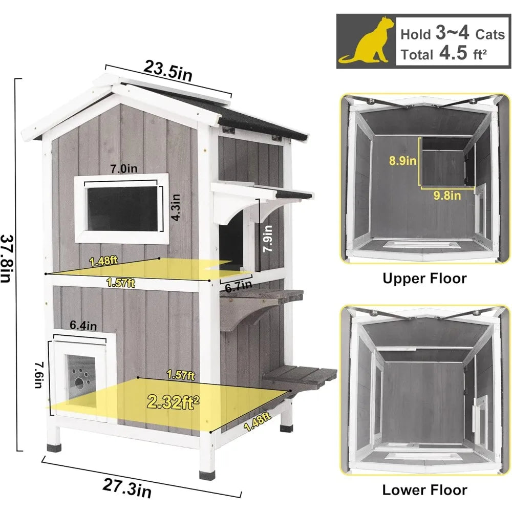 Cat House for Outdoor & Indoor Wooden Waterproof Cat Condo Cat Outdoor Enclosure with Escape Door,2 Story Kitty House