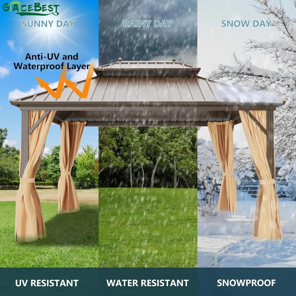 10x10ft Aluminum Hardtop Gazebo with Double Roof, Steel Canopy, Netting & Curtains for Outdoor Patio Garden