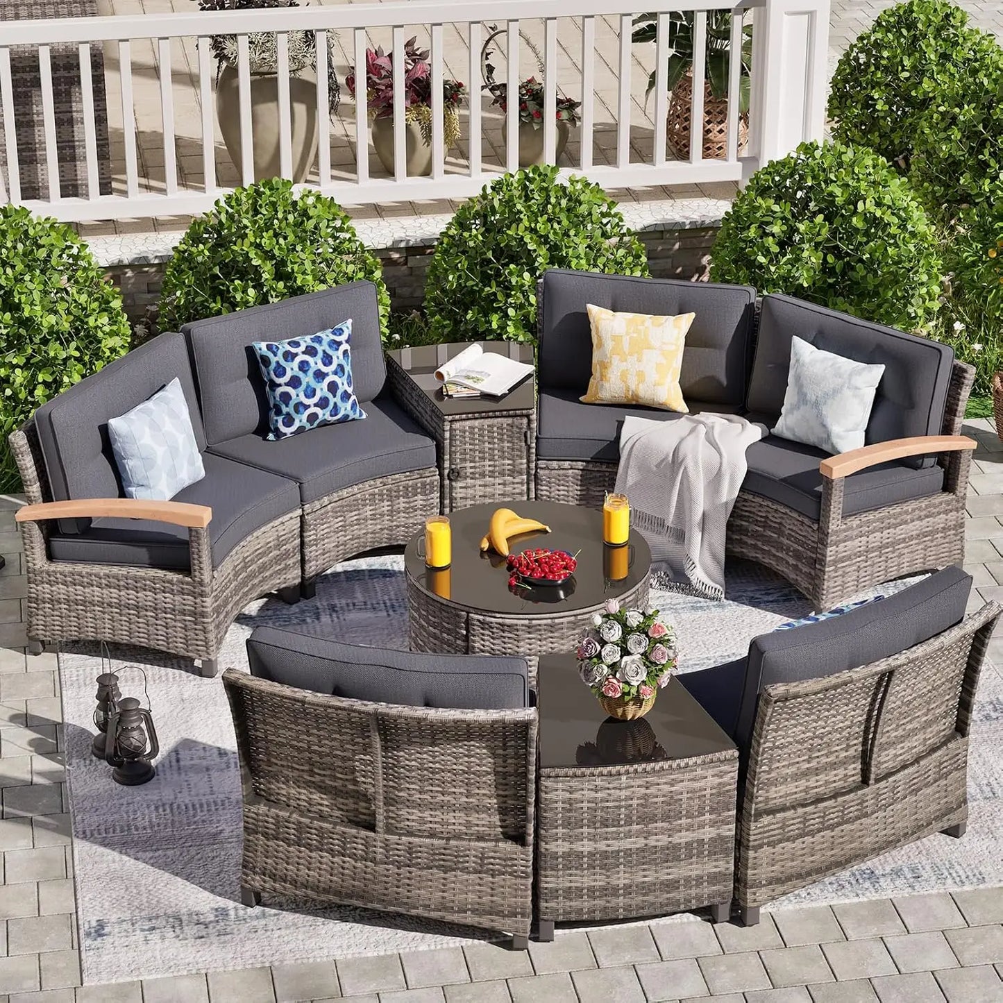 Multi-piece Outdoor Patio Furniture Sets, Half Moon Curving Part of The Sofa Rattan Patio Conversation Sets