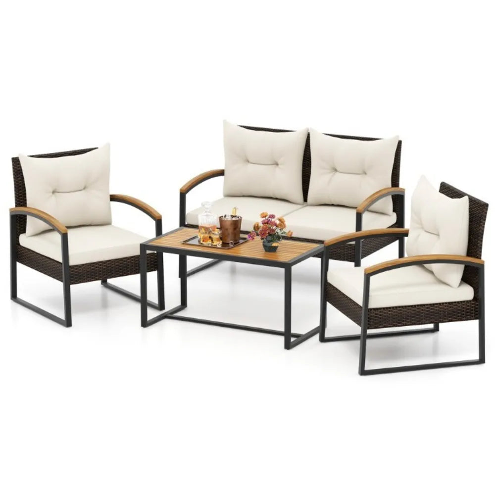 Patio Outdoor Rattan Sofa Set With Tabletop And Cushions