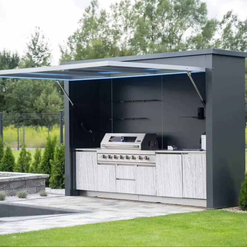 Custom Modern Luxury 304 Stainless Steel Outdoor Kitchen BBQ Grills Black With Roof For Camping Garden Pool Commercial