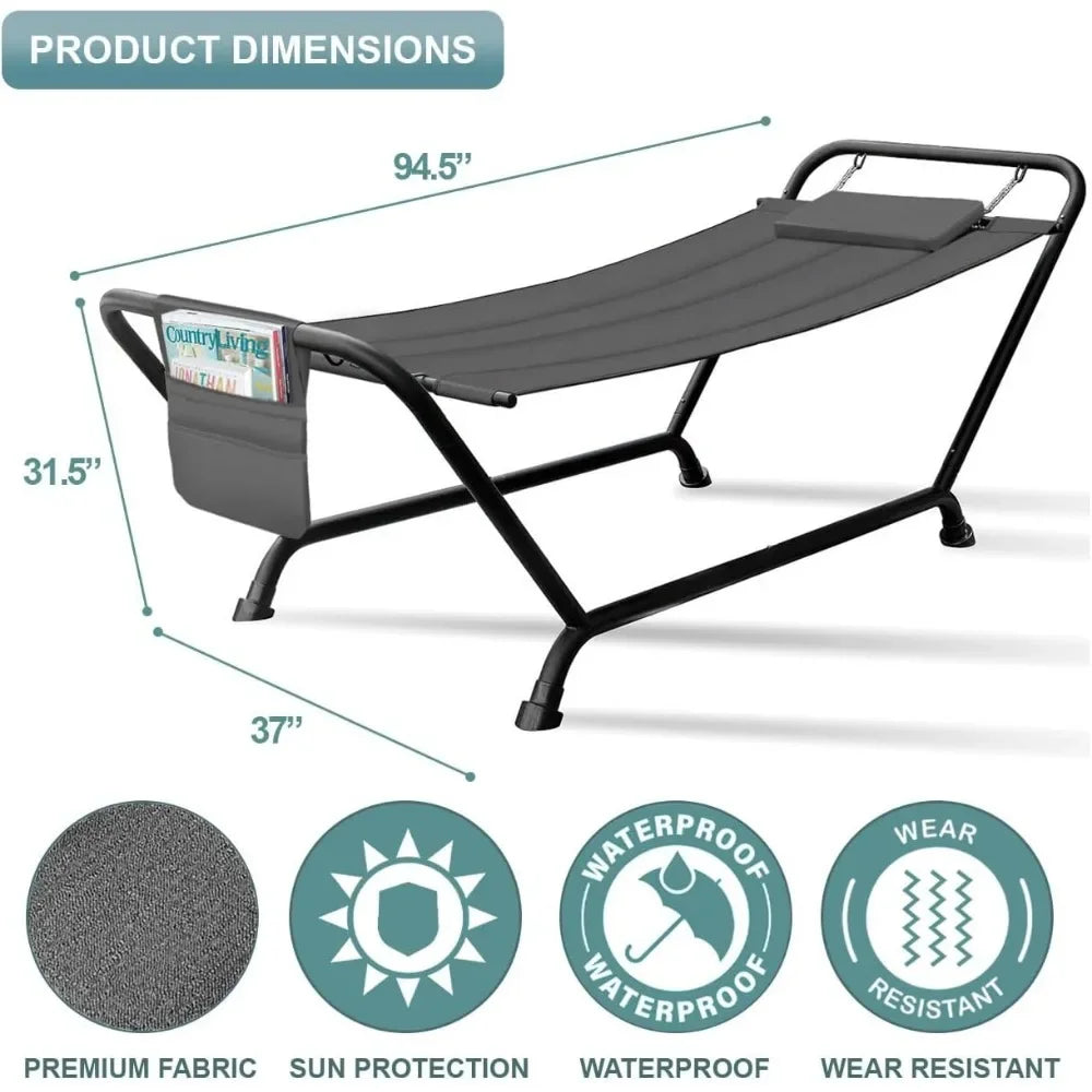 Cozy Outdoor Hammock Bed with Stand Pillow and Storage Pockets