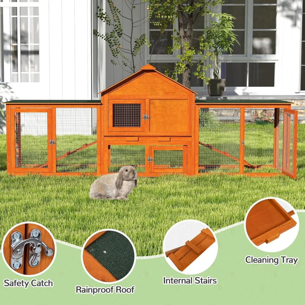 82.5” Large Wooden Rabbit Hutch Outdoor Easy to Assemble Rabbit Cage and Durable Bunny Hutch Indoor with Cleaning Tray & Waterpr