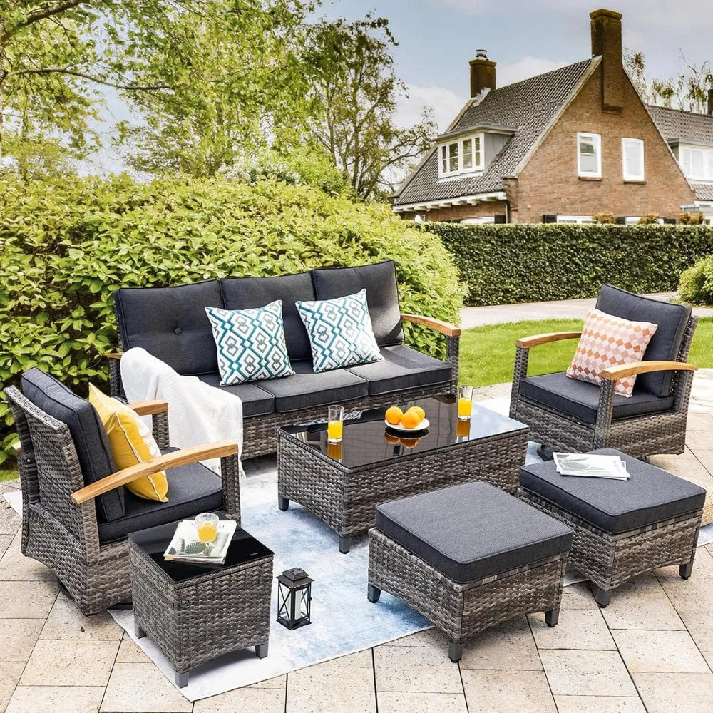 ANGDUO 7 Piece Patio Wicker Conversation Set With Wood Armrests