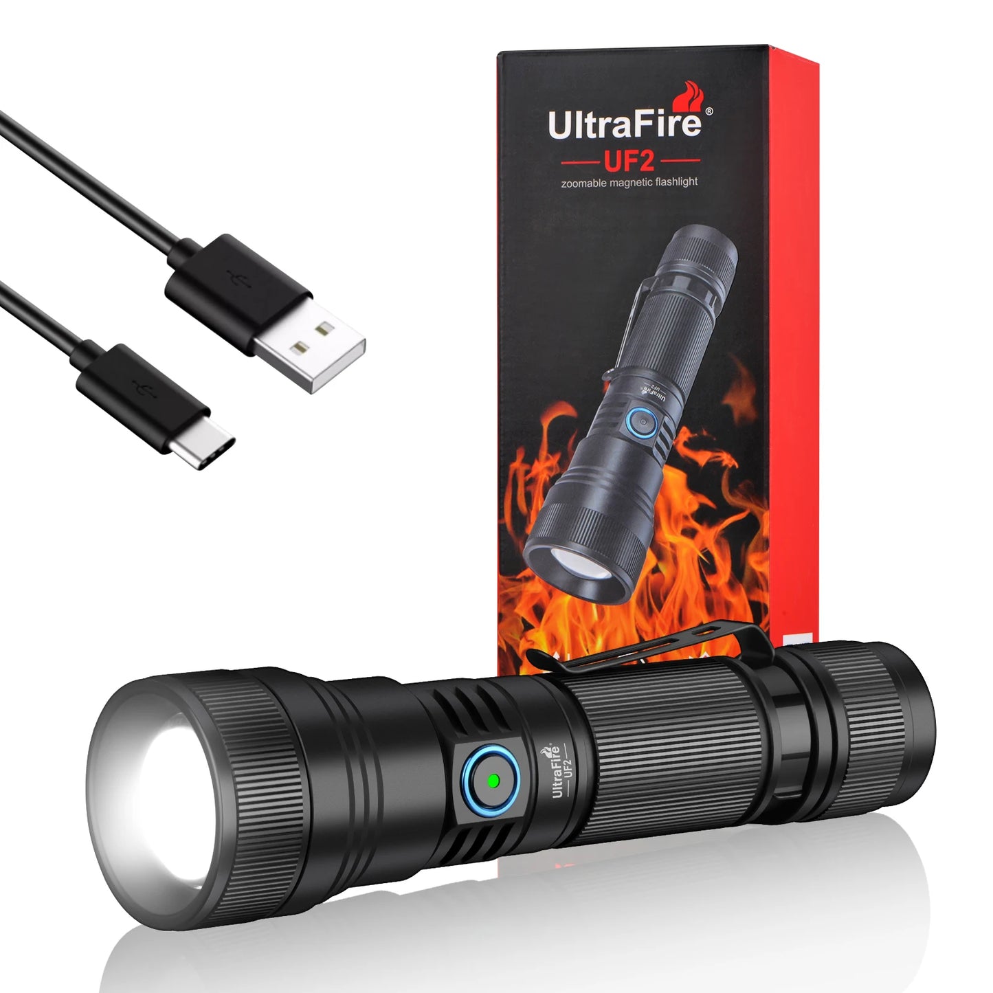 UltraFire UF2 21700 LED Flashlight 1500 Lumens 550M Zoomable Outdoor Lamp USB C Rechargeable Torch with Magnetic Tail for Hiking