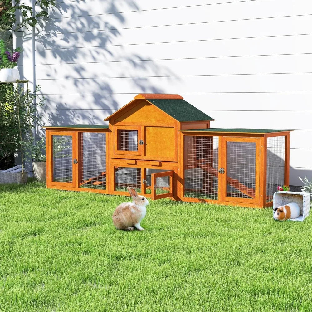 82.5” Large Wooden Rabbit Hutch Outdoor Easy to Assemble Rabbit Cage and Durable Bunny Hutch Indoor with Cleaning Tray & Waterpr