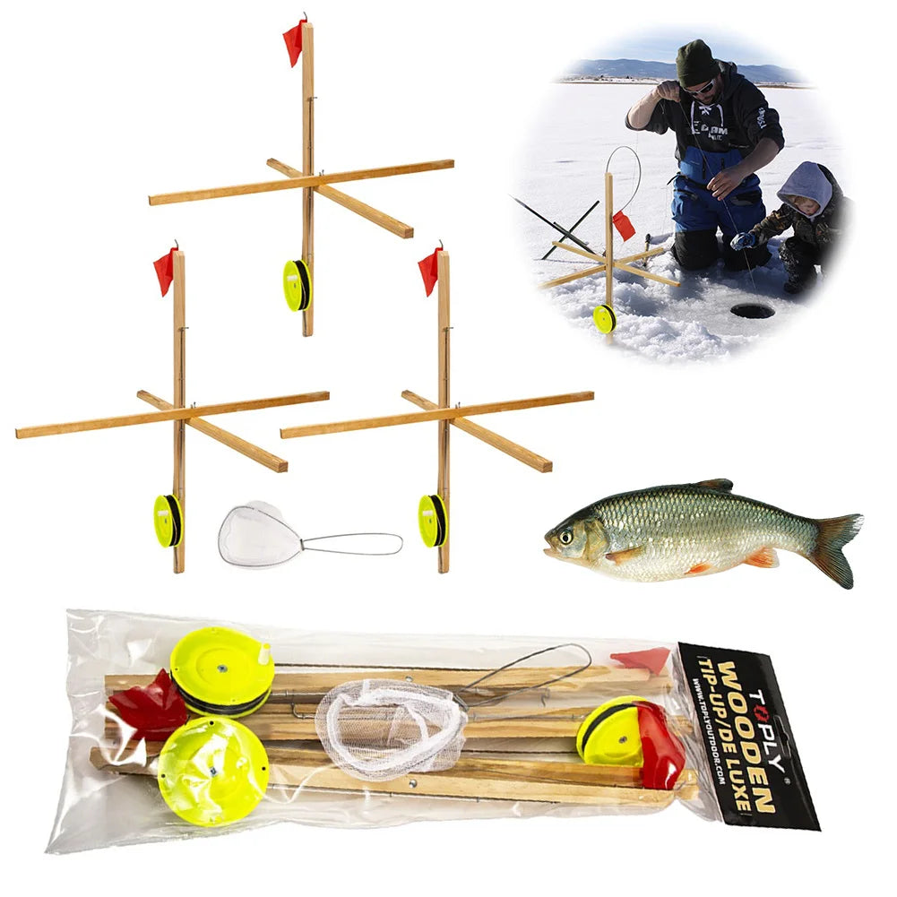 JOCESTYLE 3 Pack Ice Fishing Tip Up With Spoon Net Wooden Platform