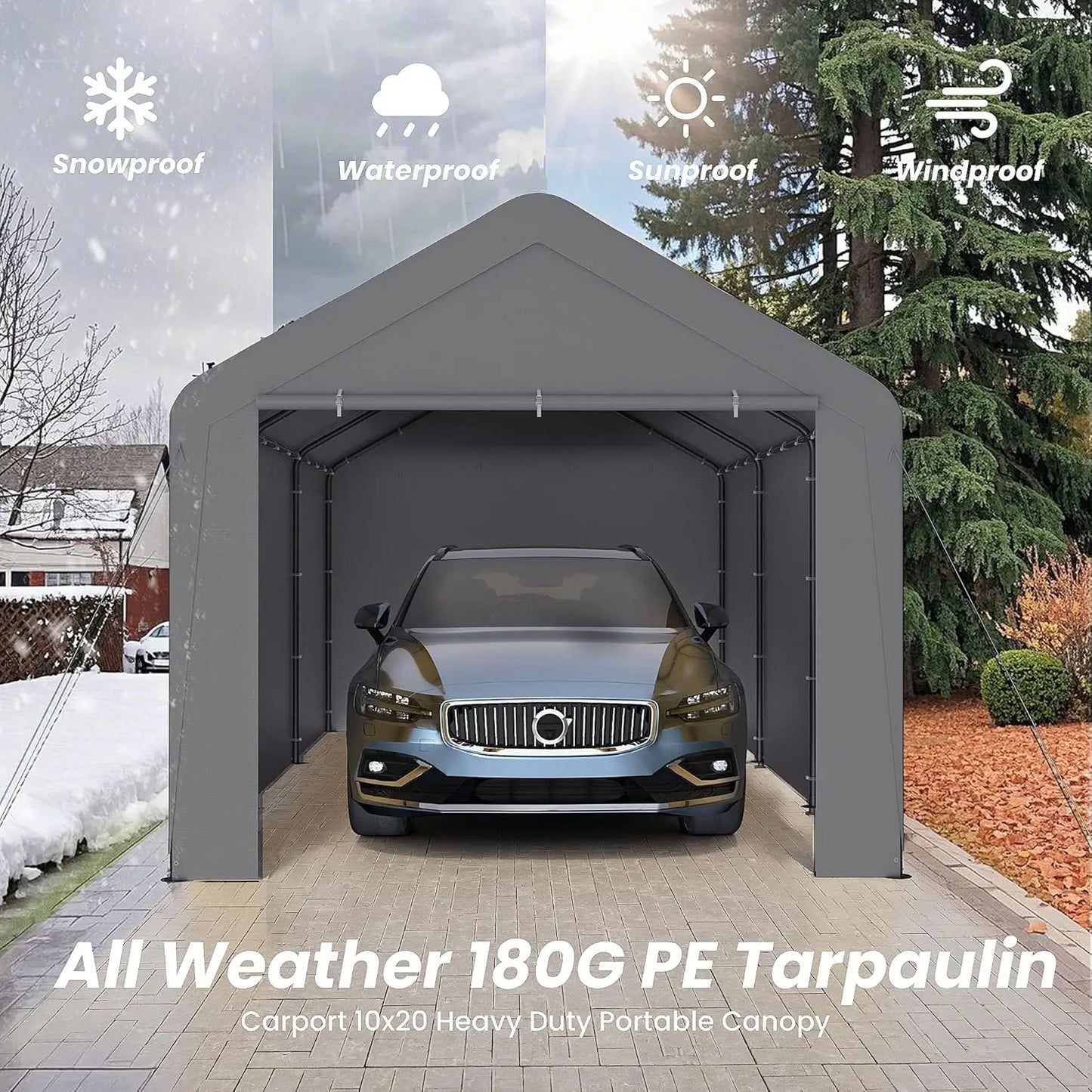 10x20 Heavy Duty Portable Garage With Roll Up Door Grey
