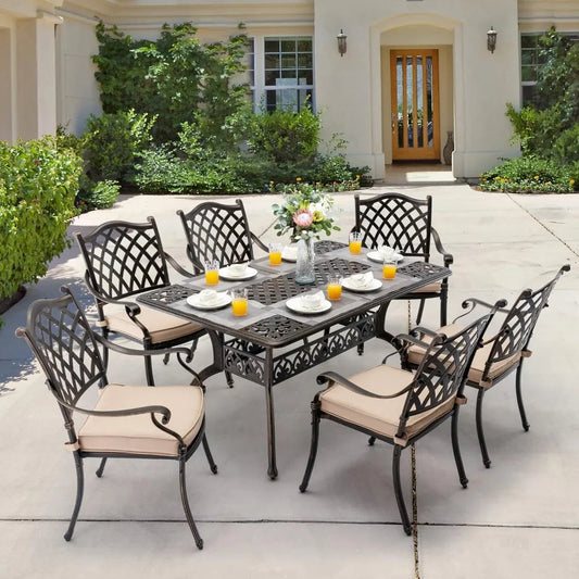 7 Piece Cast Aluminum Outdoor Dining Set 60Inch Table Bronze