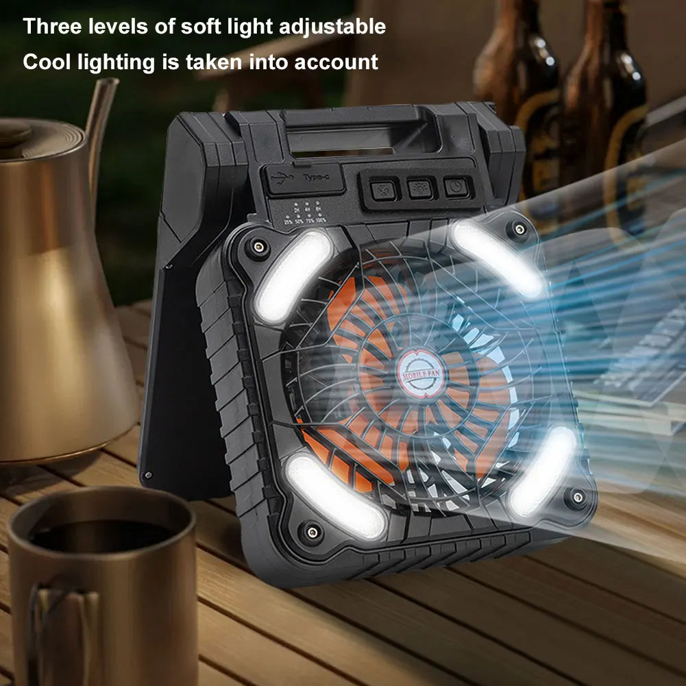 Solar Outdoor Camping Fan With LED Light 5200mAh IPX4