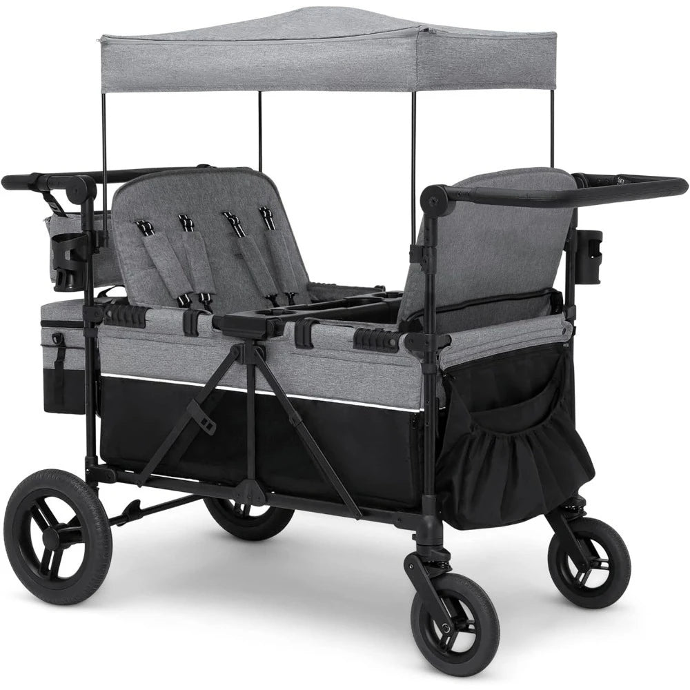 NEW Grey,Deluxe 4 Seater Stroller Wagon for 4 Kids w/Convertible Seats,Adjustable Push/Pull Handles,Removable Canopy&Flat Fold