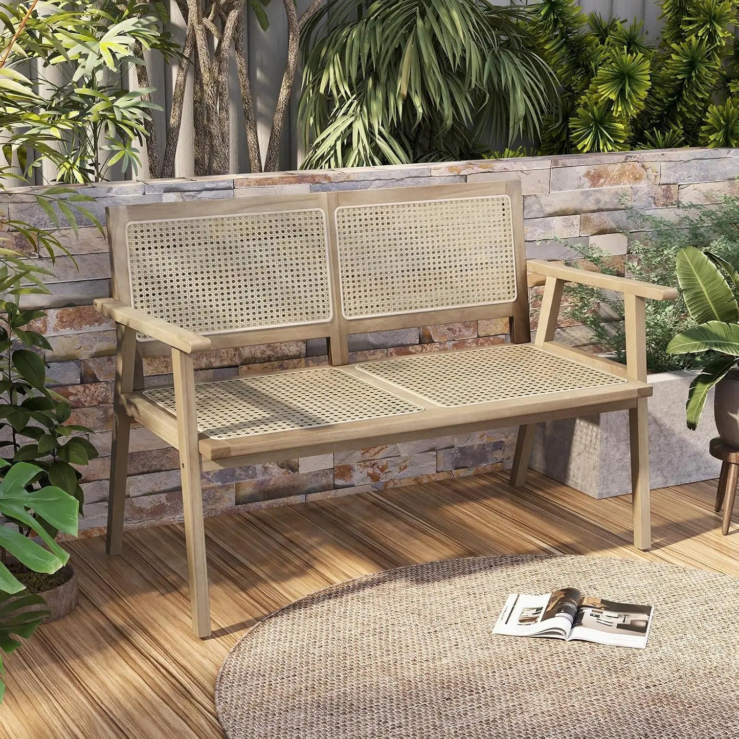 Outdoor Teak Wood Bench 2 Person Patio Rattan Backrest