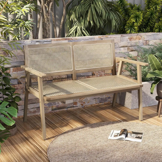 Outdoor Teak Wood Bench 2 Person Patio Rattan Backrest