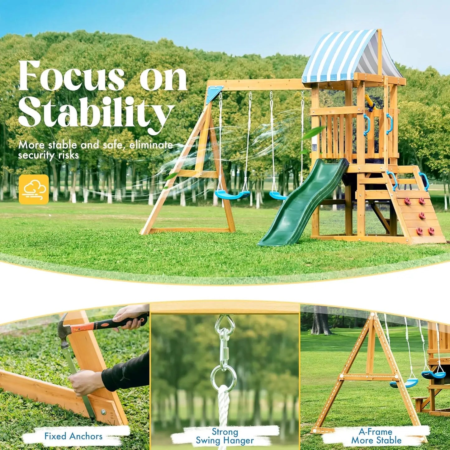 Robotime Robud Wooden Swing Set With Dual Swings And Slide