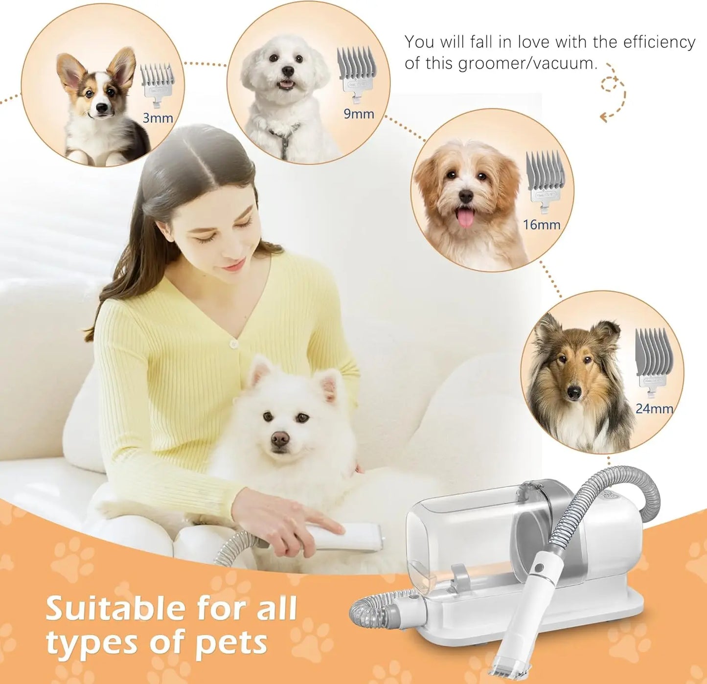 Pet Grooming Vacuum Kit With 2.3L Dust Cup 5 Tools Low Noise For Dog Cat Hair